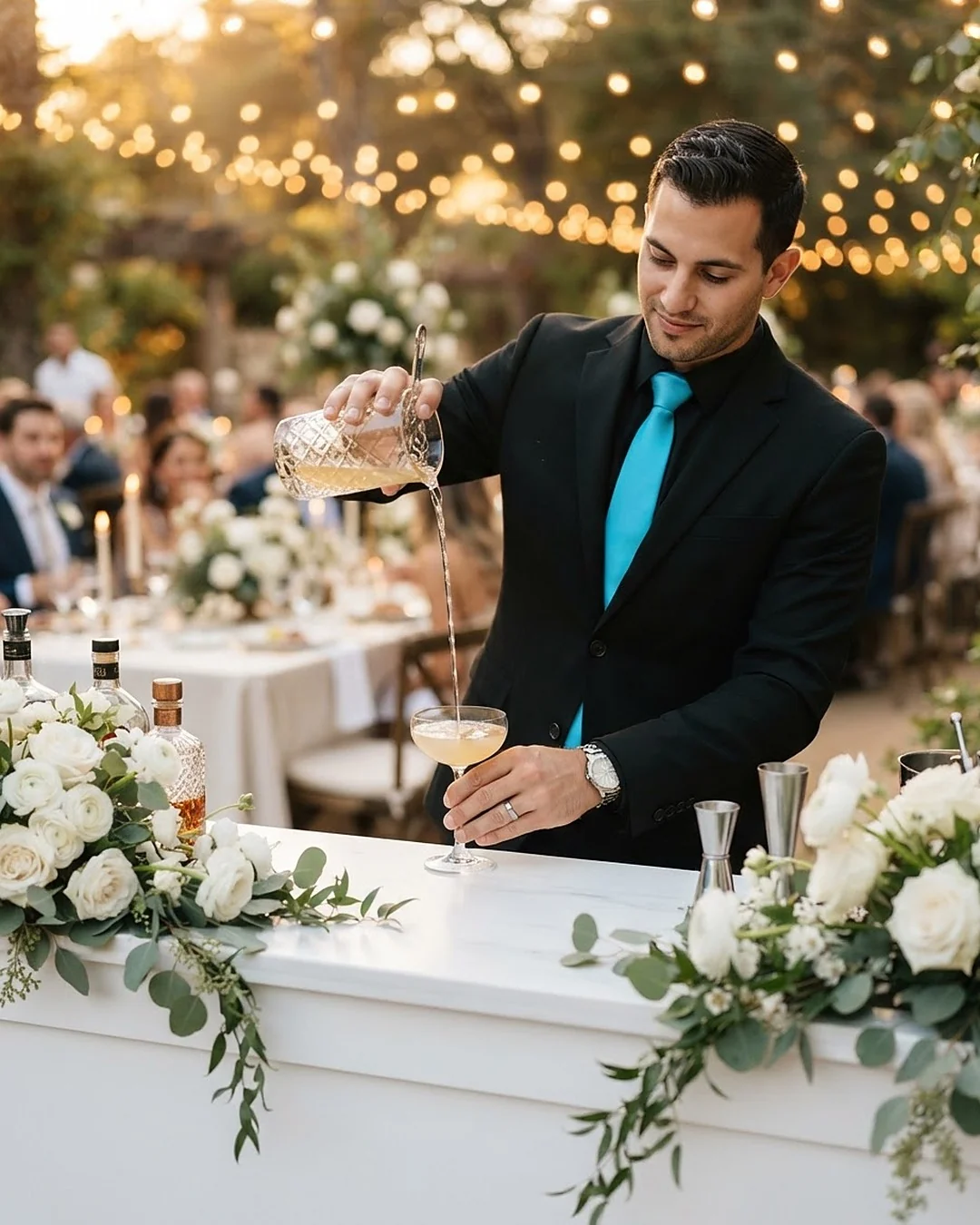 Chris pouring behind a white bar under string lights